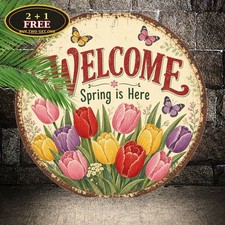 Colorful Tulips Butterflies Welcome Round Tin Sign 8x8 Spring Garden Wall Art