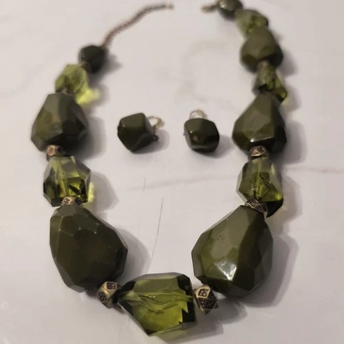 Vtg MCM Lucite Translucent Olive Green Chunky Faceted Necklace & Earrings Set