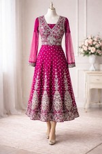 Fuchsia Indian Pakistani Embroidered Formal Dress Anarkali Style Silver Beaded
