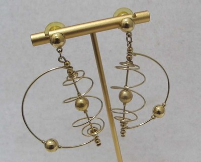 Vtg Sputnik Era 3D Gold Tone Spiral Orbital Dangle Post Earrings 2.5  Right-Left