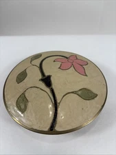 Vintage Brass & Enamel Pink Floral Round Trinket Dish 4” Used