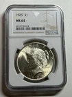 1925 Peace Silver Dollar $1 NGC MS64 Blast White