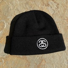 Stüssy black beanie with white embroidered logo Made in USA