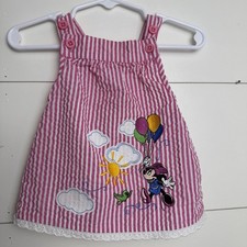 Girls Disney Parks Minnie Mouse Pink  White Stripe Embroidered Dress Bow Lace