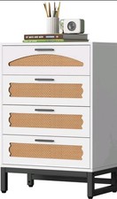 4-Drawer Rattan Dresser Storage Cabinet Sturdy Wooden & Handles White 65x34x85cm