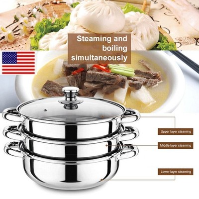 3 Tier Food Steamer with Lid Steamer Stainless Steel for Vegetables Seafood Soup