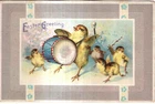 ANTIQUE EASTER Postcard     CHICKS,  PLAYING BASS DRUM AND CYMBALS, PUSSYWILLOWS