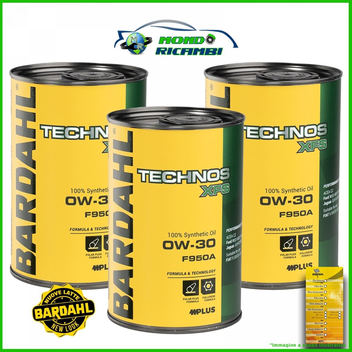 Kit 3 LT OLIO MOTORE BARDAHL TECHNOS XFS F950A 0W30 + Tagliando Adesivo 3lt