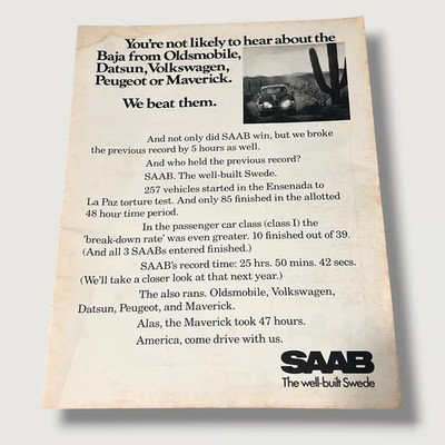 1970 Saab You re Not Likely to Hear About The Baja from Oldsmobile Vintage Ad Y