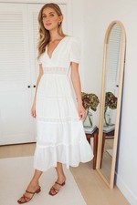 Lulus Folklore White Swiss Dot Tiered Midi Dress Cottagecore Romantic Women's L