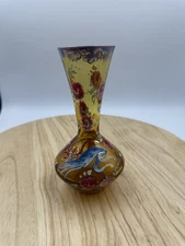 Vintage Rojo Signed Hand Painted Amber Glass Vase Dragon & Floral 6.5”