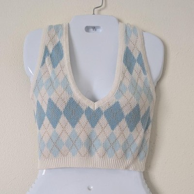 Bailey Rose Argyle Knit Halter Top Sz Small Cream Pastel Blue Tennis Preppy