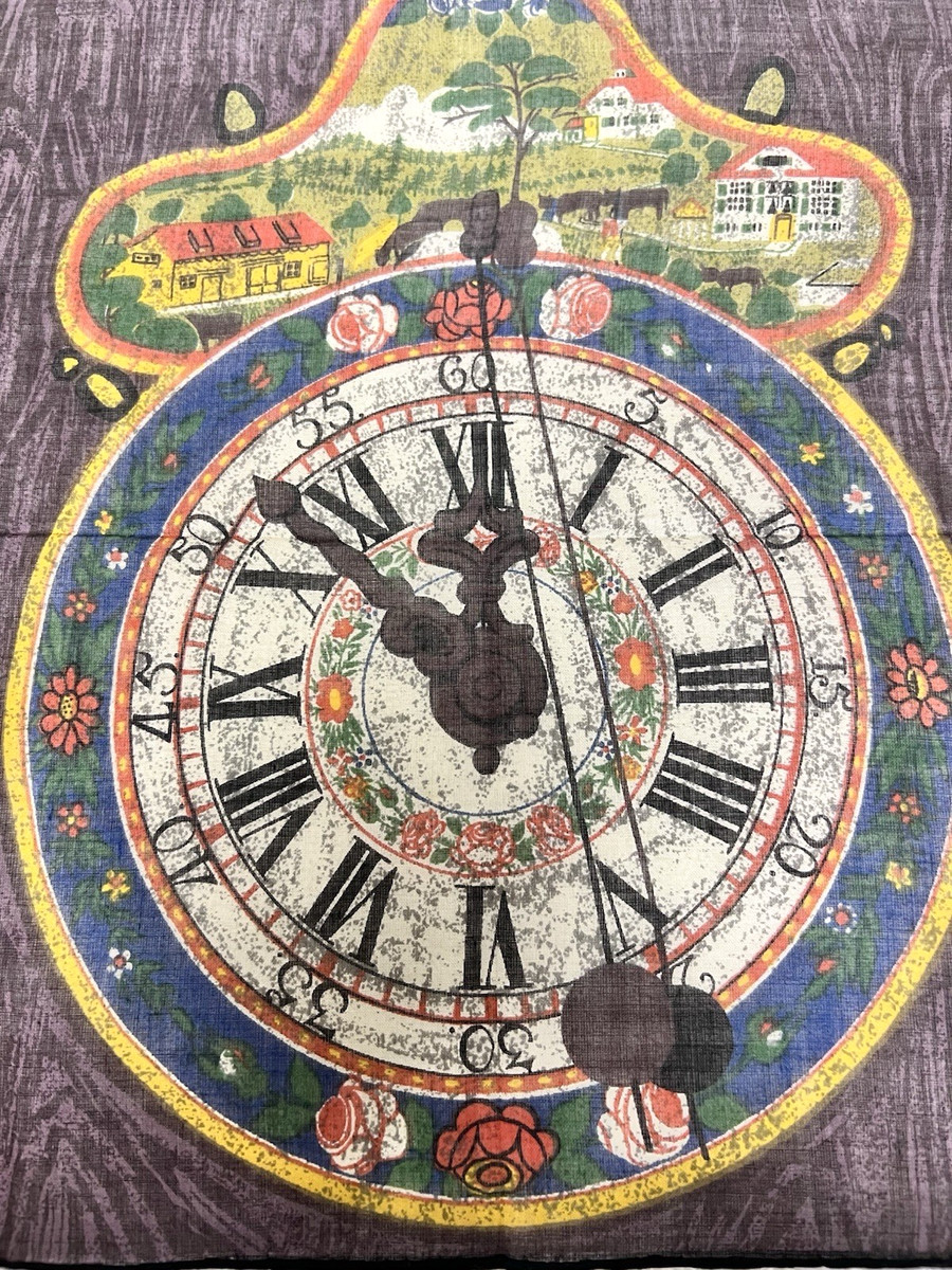 Vintage Lehner Novelty Handkerchief Switzerland Clock Countryside Tag 11 3/8" View 3