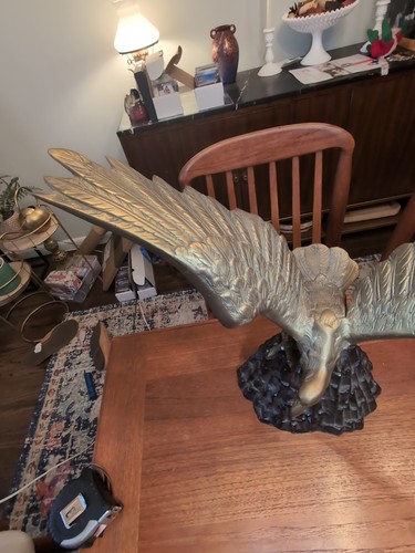 BRASS VINTAGE AMERICAN EAGLE STATUE SITTING ON Mountain 18" Tall - Picture 6 of 13