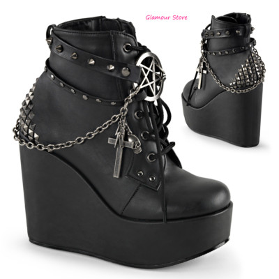 ZEPPA Heel Ankle Boots 13 36/42 Black Vegan Leather Buckles Chains Pendants Zip Rock