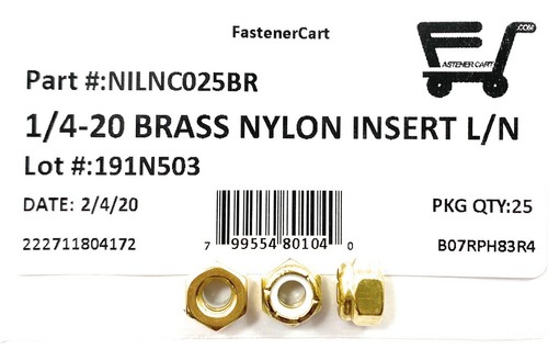 (25) 1/4-20 Brass Nylon Insert Lock Nuts Locking Hex Nuts 1/4-20 Solid Brass - Picture 2 of 4