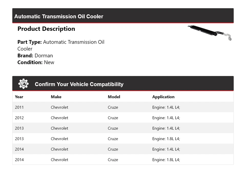 Enfriador de aceite de transmisión automática Chevrolet Cruze Dorman 2011-2014 2012 2013 Foto 2 de 4