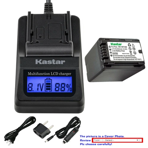 Kastar Battery LCD Fast Charger for VW-VBT380 & Panasonic HC-VX980M HC-VX981