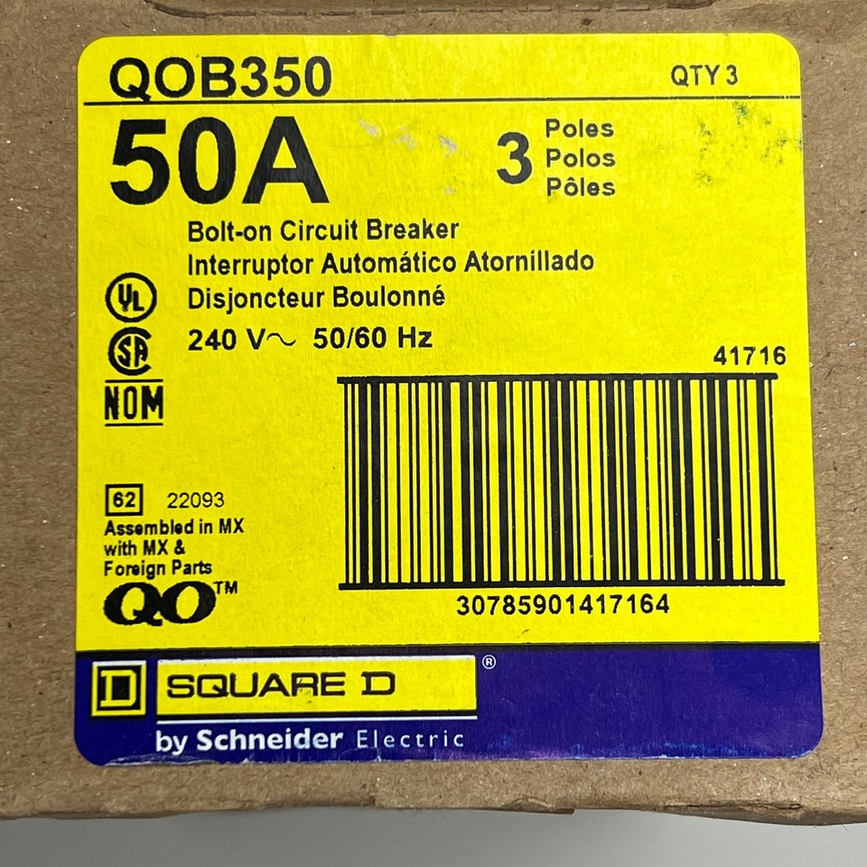 SQUARE D QO QO350 3 Pole 50 Amp 240V Black Push In Circuit Breaker