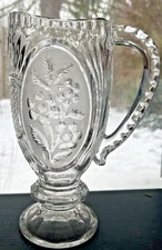 VTG Crystal Glass Pitcher Frosted Floral Design Footed Ribbed 10" Farmhouse