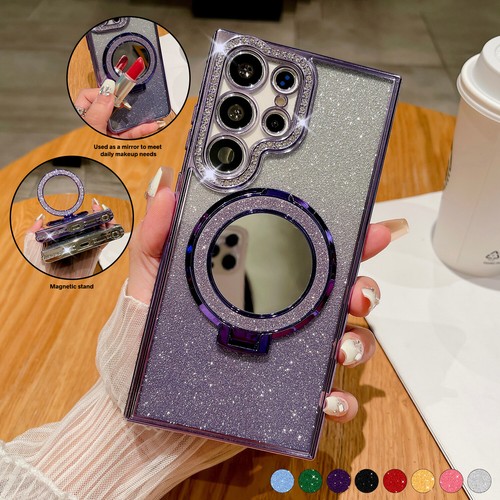Bling Diamond Mag Safe Ring Stand Case Mirror For Samsung S24 Ultra S23 S22 Plus - Picture 14 of 22