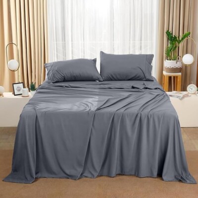 Deep Pocket Fitted Sheet 4 Pieces Set Easy Care Deep Pocket  Sheets GRAY LASSAN