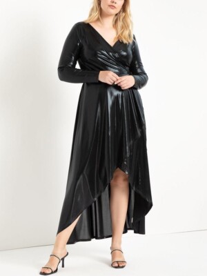 ELOQUII Women's Plus Size 16 Metallic Maxi Wrap Dress Black NWT