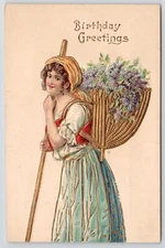 Lovely Young Girl Carries Basket of Lilacs on Back  Birthday Embossed Postcard