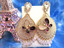 EXTRAVAGANT CRYSTAL PEARLS BEADS BUTTERFLY TEAR DROP DANGLE EARRINGS-NEW