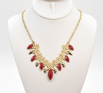 New 19'' Mar Y Sol Gold Tone Rhinestone Flower & Red Marquise Bib Chain Necklace