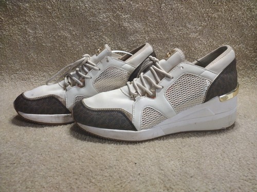 Michael Kors Womens Size 9M White Brown & Gold Wedge Sneaker Shoes With MK Logo - Picture 2 of 12