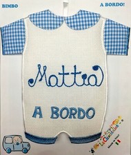 Bimbo a bordo tela aida con NOME RICAMATO 2 colori Made in Italy