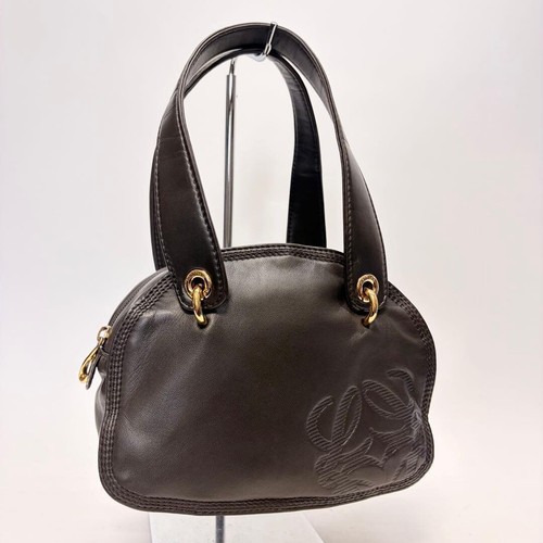 LOEWE Handbag Anagram Nappa Leather Dark Brown Vintage Authentic From Japan