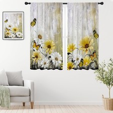Yellow Floral Curtains Mustard Flower White Bright Farmhouse Rustic Cute Dais...