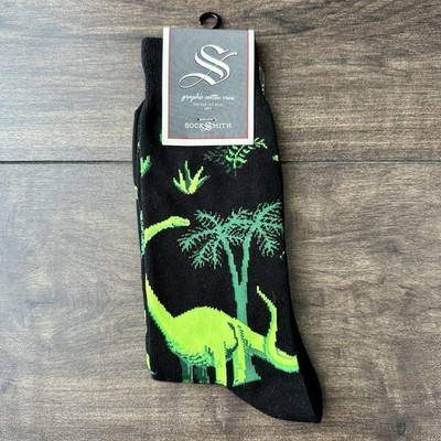 Socksmith NWT Mens Scenic Dinosaur Graphic Cotton Crew Socks - Black Green Dinos