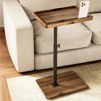Acacia Wood Adjustable C-Shaped Couch Table   360° Swivel Side Table for Sofa...