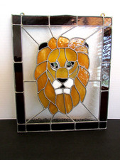 Vintage Stained Glass Hanging framed Lion Leo Window decor 11 1/4 x 13 5/8-Nice