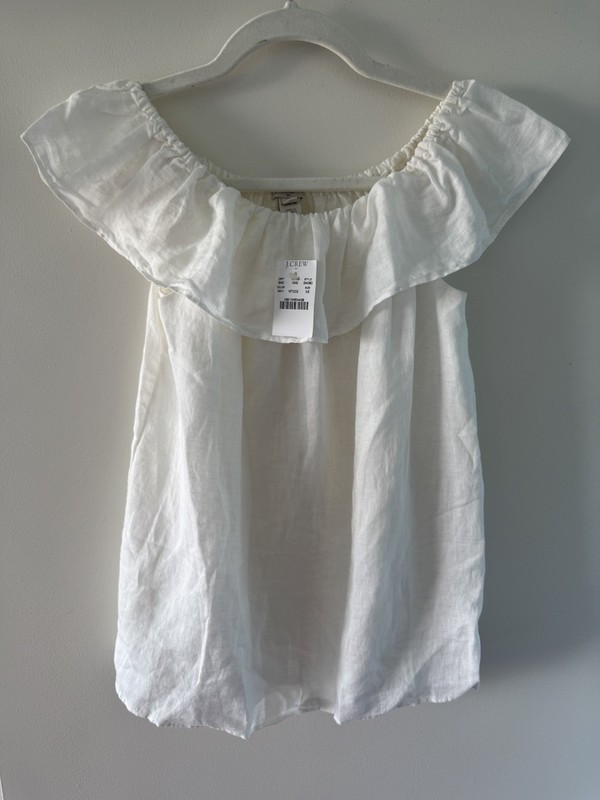 J. Crew White Linen Tank Top Shirt Size XS Ruffle Off Shoulder A-line NWT