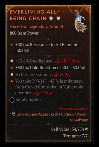 DIABLO 4💦SEASON 10🔥2GA LEGEN AMULET (%INT+GLASS CANNON)🔥SORCE BUILD
