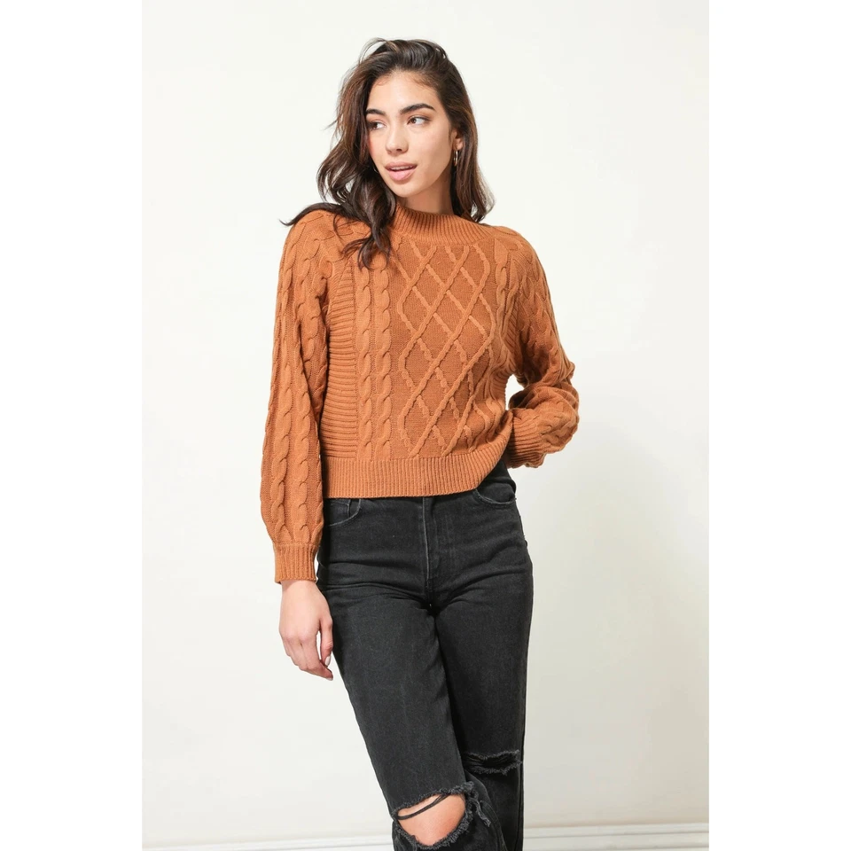 Suéter Top Pullover Manga Larga Tejido con Cable Marrón Línea y Punto Talla S Foto 3 de 4