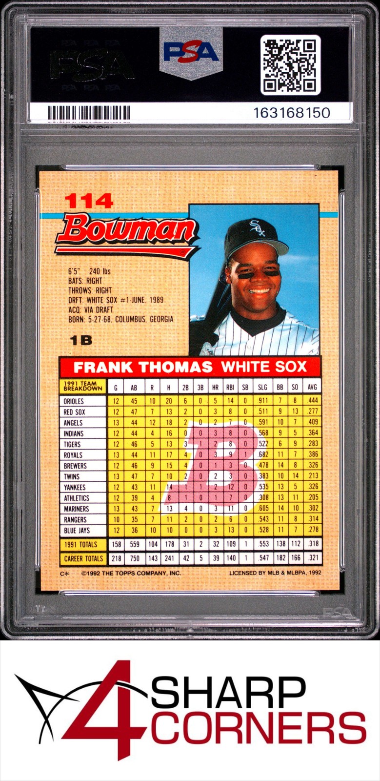 1992 BOWMAN #114 FRANK THOMAS WHITE SOX HOF PSA 10 view 2