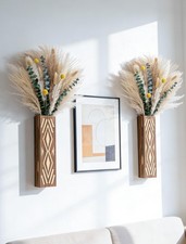 Set of 2 Wooden Wall-Mounted Vases with Pampas Grass & Eucalyptus Bouquet - B...