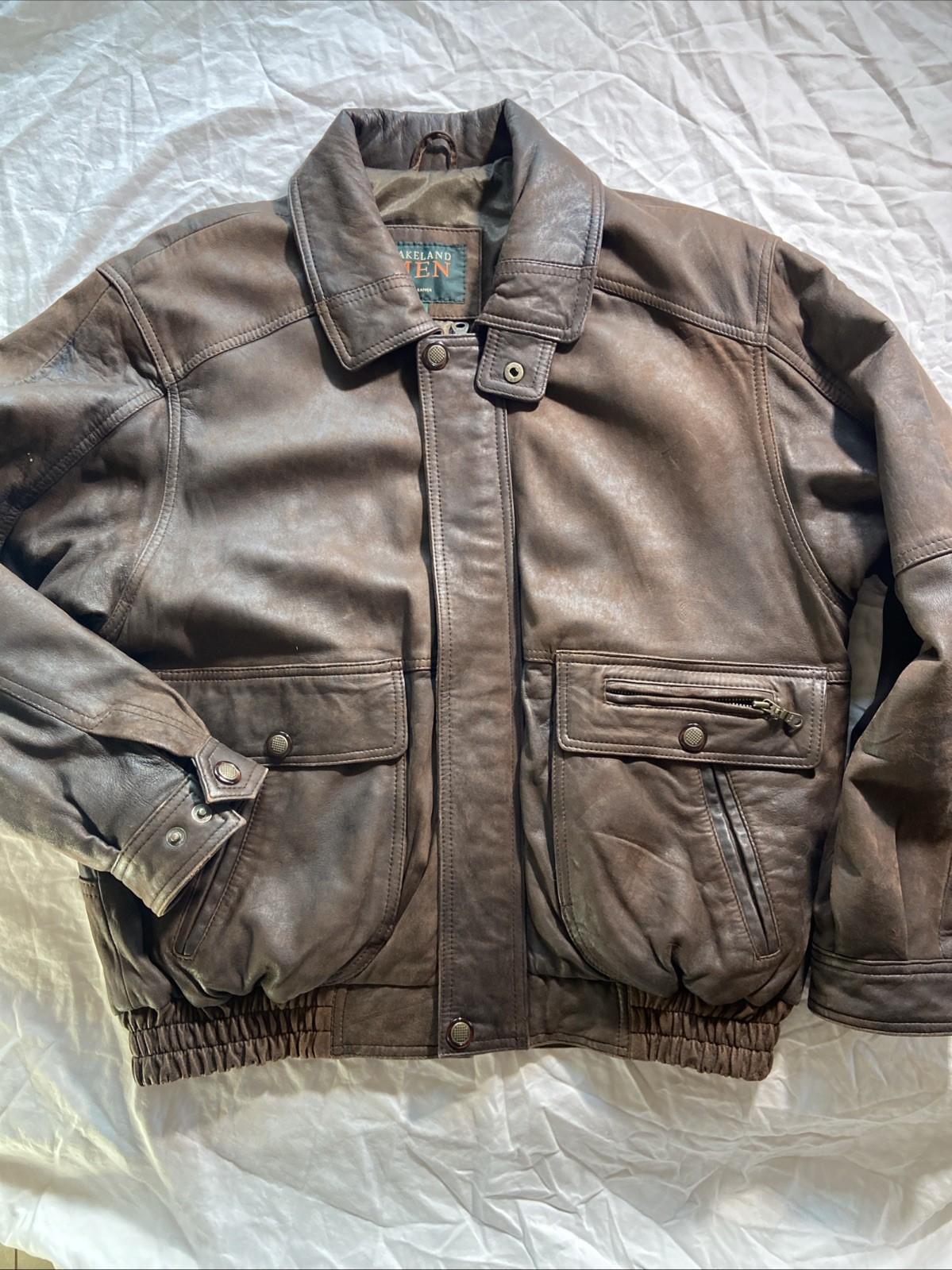 Men’s Lakeland Brown Leather Bomber Jacket Size L Vintage Style Flight Jacket