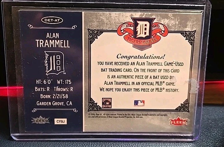 2006 FLEER GREATS OF THE GAME ALAN TRAMMELL HOF GAME-USED BAT NMMT - Image 2 of 2