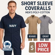 Men's Short Sleeve Coverall Workwear Jumpsuit Poly-Cotton, Navy, Khaki, Gray.