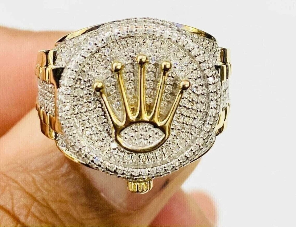 4 Ct Round Cut Real Moissanite Crown Hip Hop Men's Ring 14K Yellow Gold Plated - Image 2 of 4