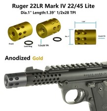 1" Dia Gold Anodized Aluminum Ruger Mark IV 22/45 1/2x28 TPI Muzzle Brake .22LR