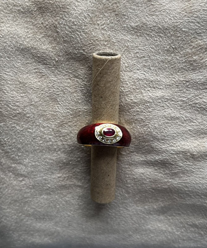 HIDALGO Red Enamel and Gold Ring with Center Ruby and Diamonds