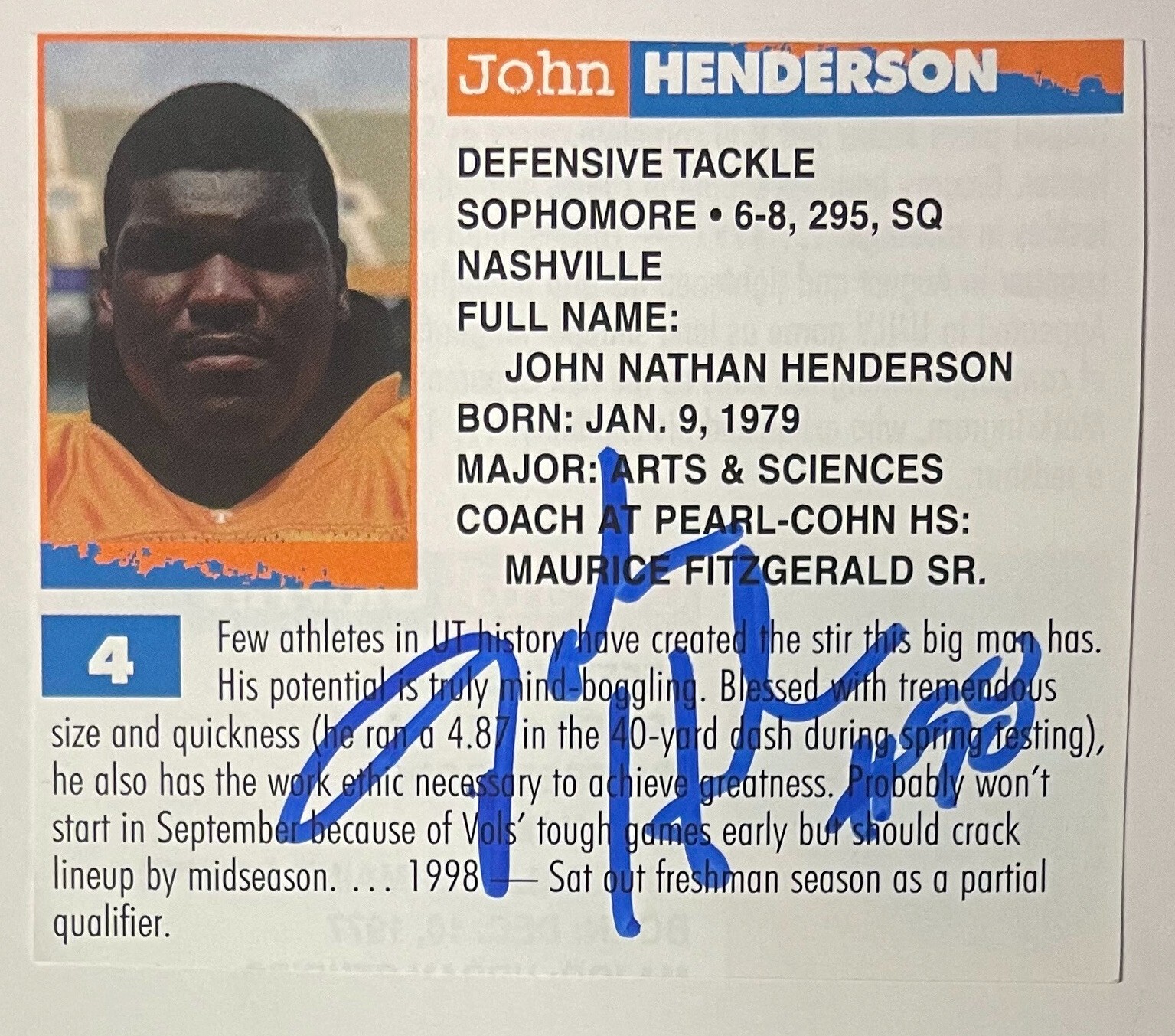 John Henderson signed Tennessee Volunteers 3.5x3 Cut Magazine Photo #98- COA