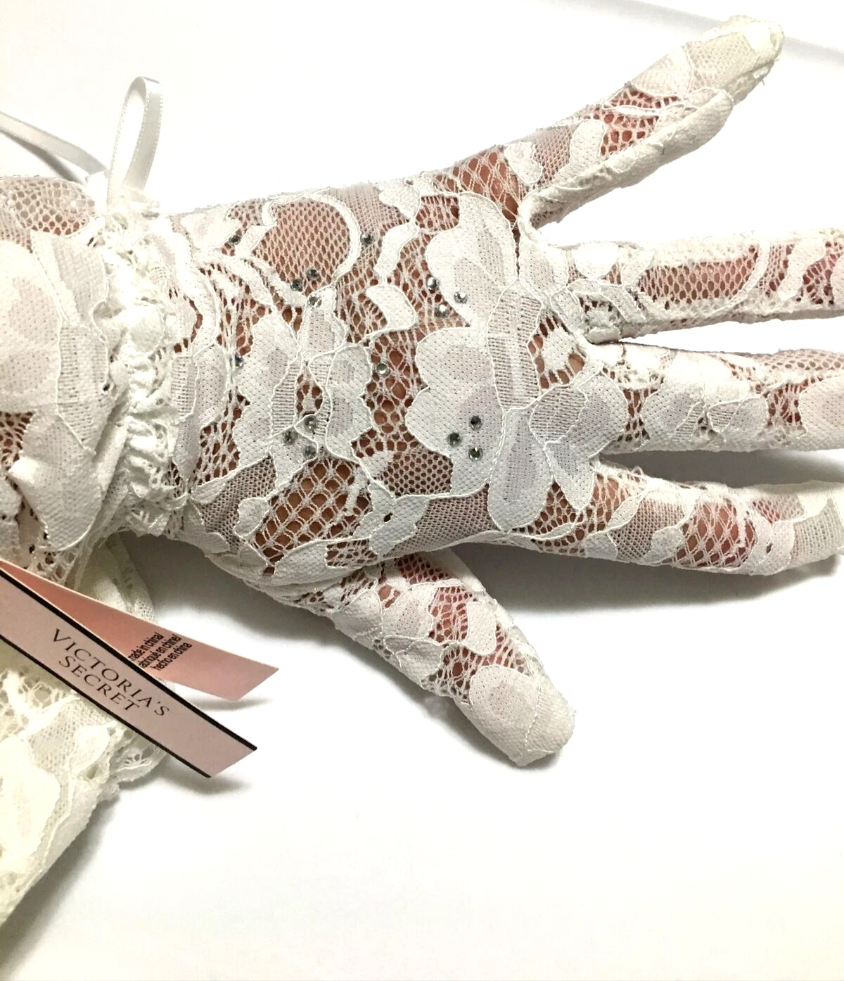 Victorias Secret Bridal Coconut White Lace Gloves Jewel Accents Wrist Length OS